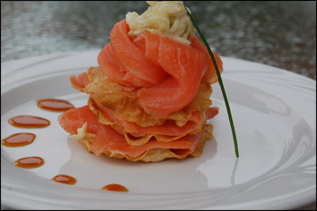 Smoked Salmon Napoleon with Celery Root Chips, Pear-Celery Root Remoulade, and Apple Cider Syrup